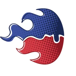 The UK Gov Camp logo, which looks like a fireball heading right. The top half is blue and the bottom red. In the middle is a white, squiggly line that looks like an ariel shot of the RIver Thames in Central London.